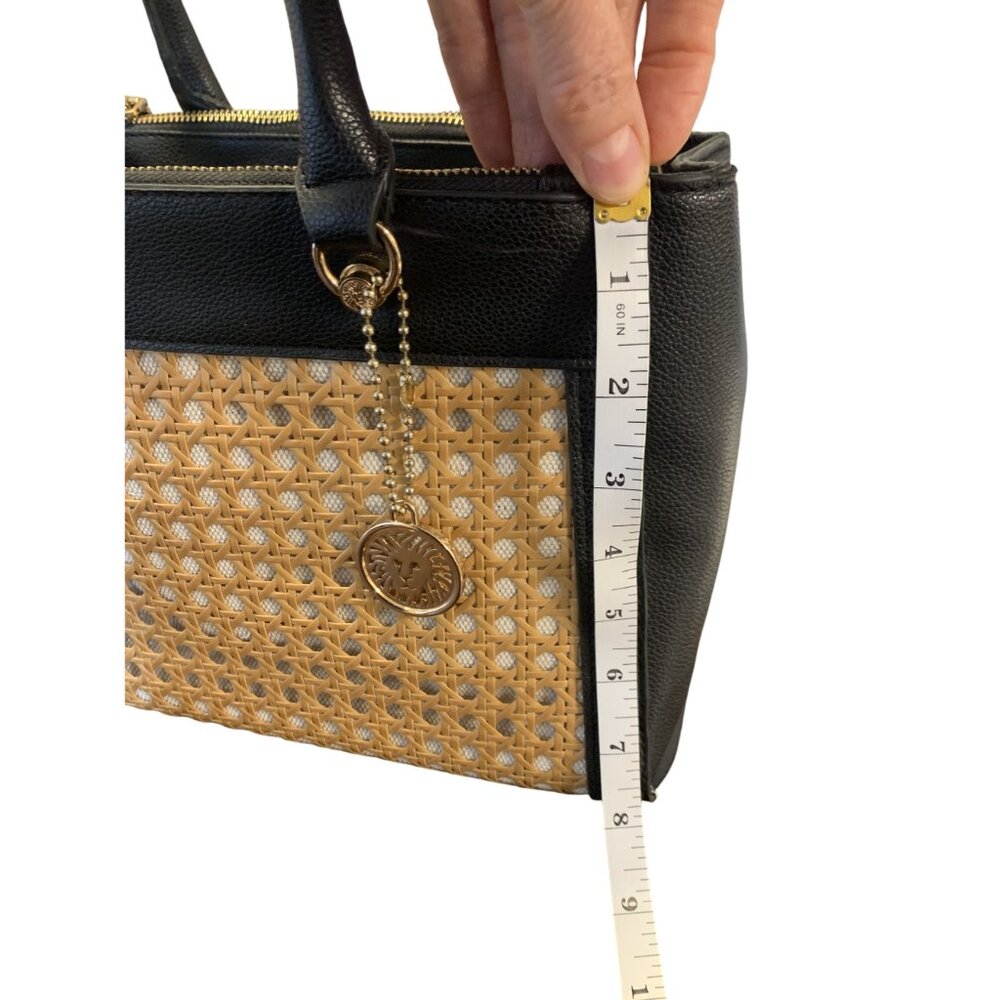 Anne Klein Black & Tan Leather Woven Straw Handbag with Gold Accents - Picture 6 of 8